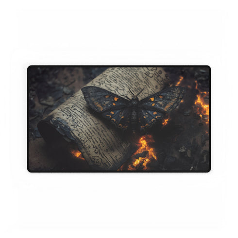 Lava Moth Resting on Burning Scroll (Edition II) — XL & XXL Desk Mat — Gaming & Workspace Desk Setup View