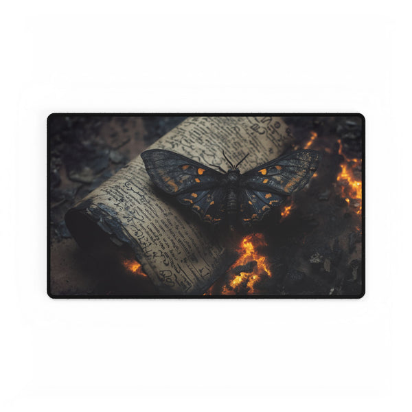 Lava Moth Resting on Burning Scroll (Edition II) — XL & XXL Desk Mat — Gaming & Workspace Desk Setup View