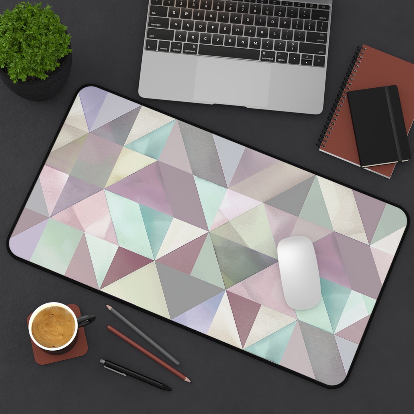 Pastel Geometrics Desk Mat - Enhance your workspace with seamless geometric pattern in soft pastel colors. Protects desk surface in style.