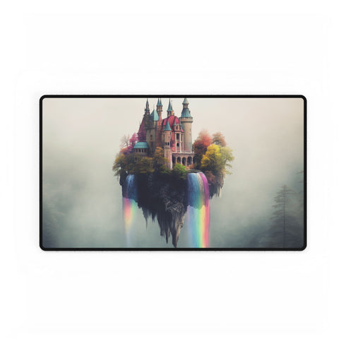 Floating Castle with Rainbow Waterfalls — XL & XXL Desk Mat — Gaming & Workspace Desk Setup View