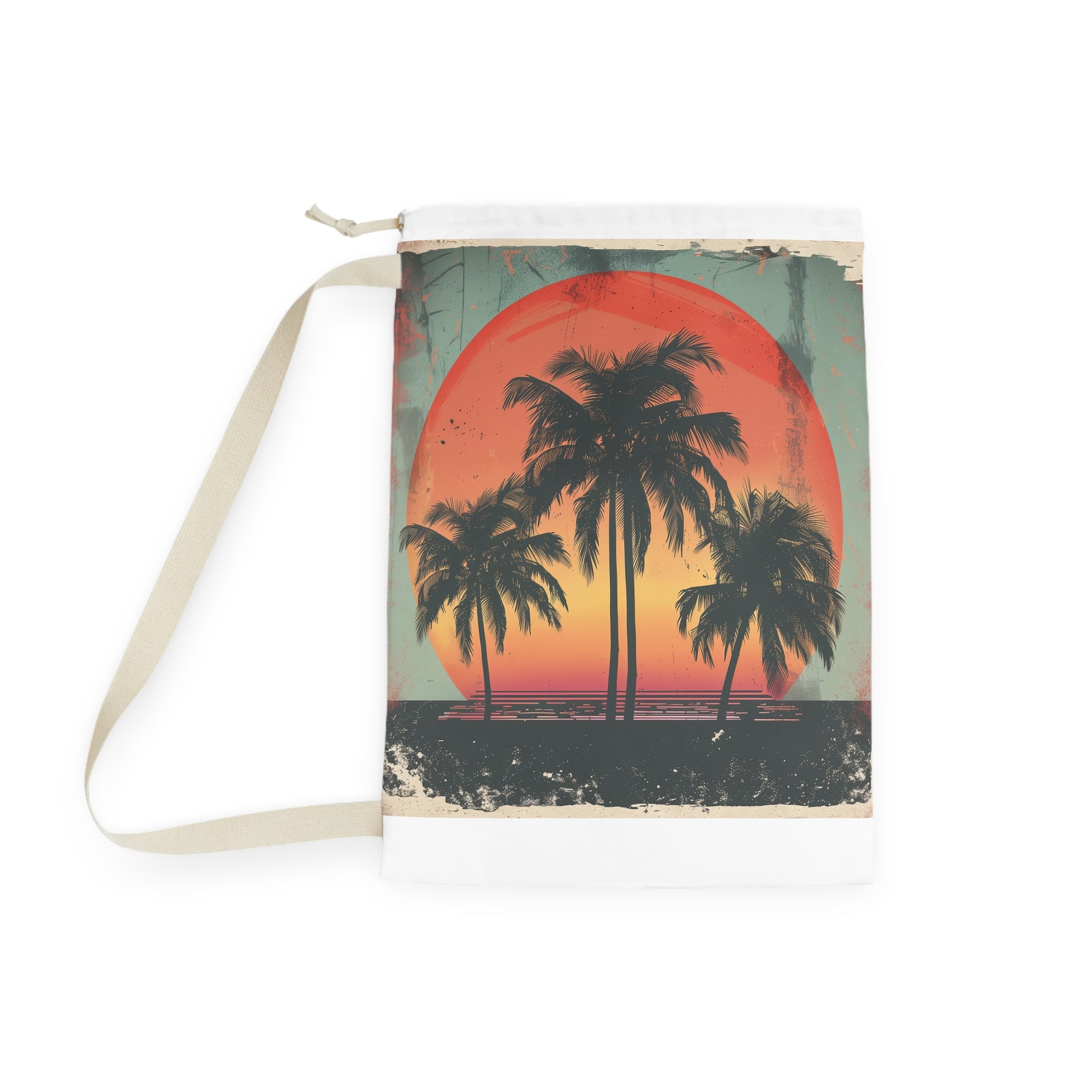 "Retro Sunset Palm Tree Laundry Bag for Organizing Laundry in Tropical Style"