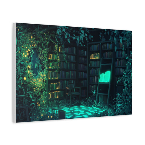 Overgrown Library with Glowing Books — Canvas Wall Art — Side Profile & Stretched Corner Detail