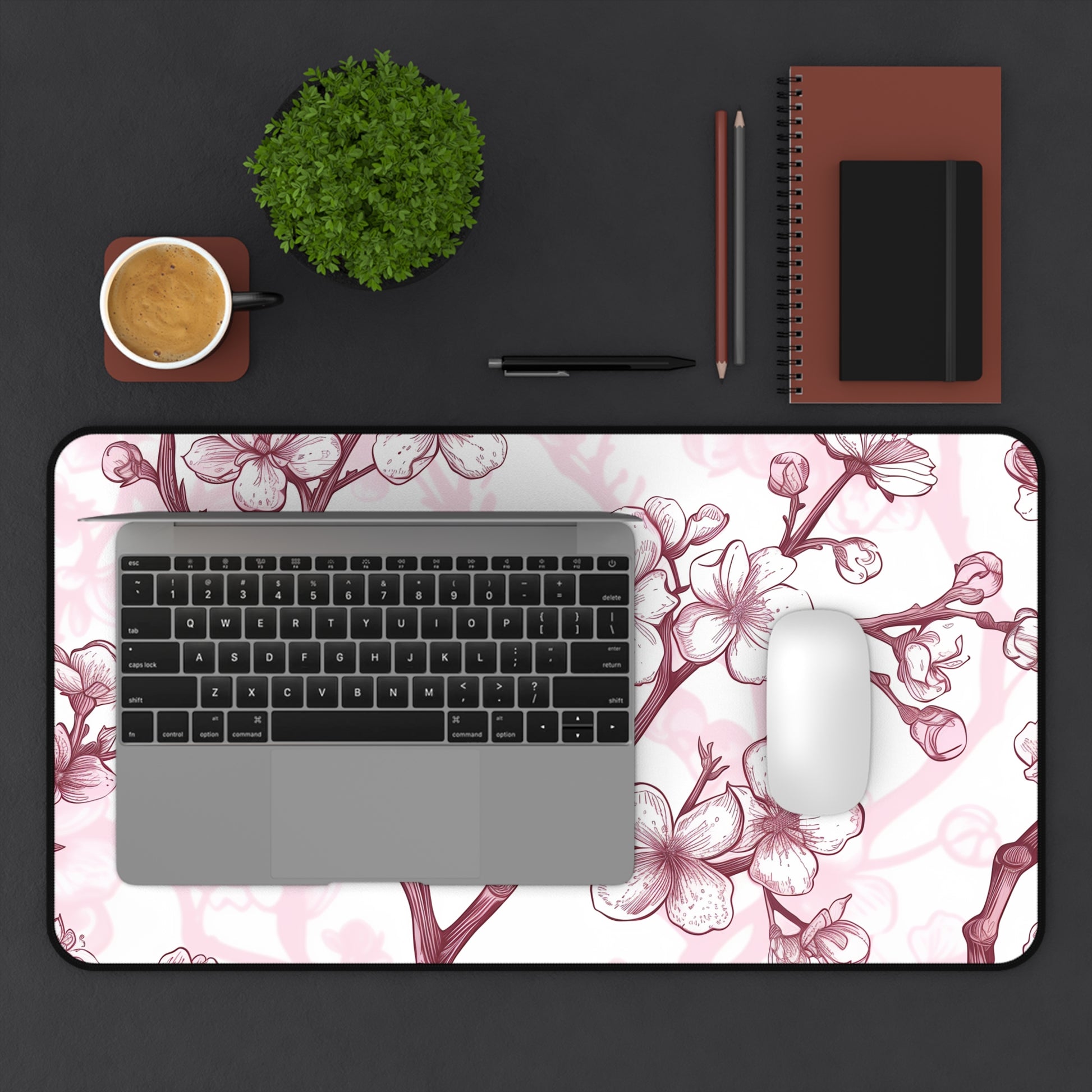 "Cherry Blossom Desk Mat - Elegant pink and white floral pattern for office decor"