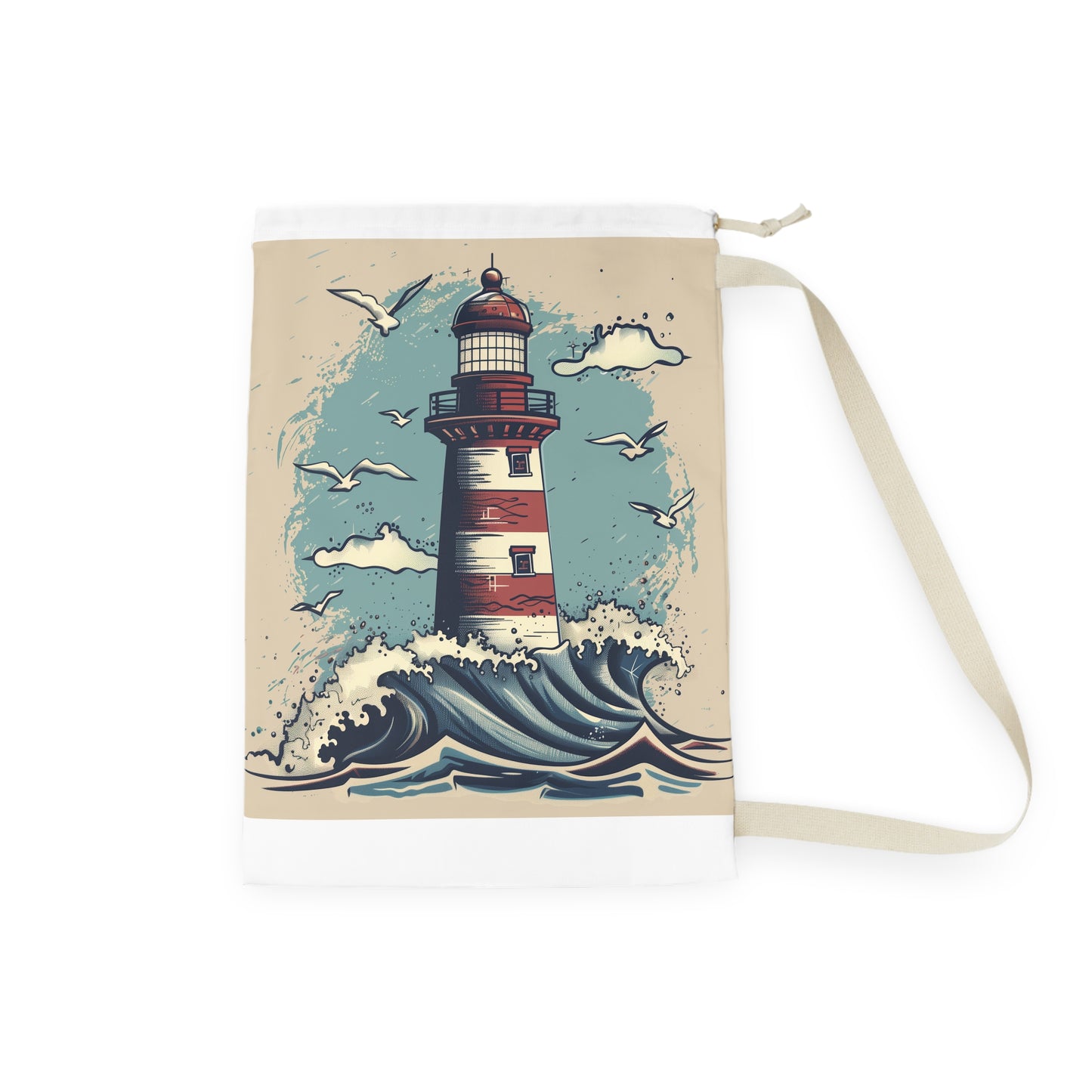 "Seaside-inspired lighthouse and waves laundry bag for stylish storage on laundry day"