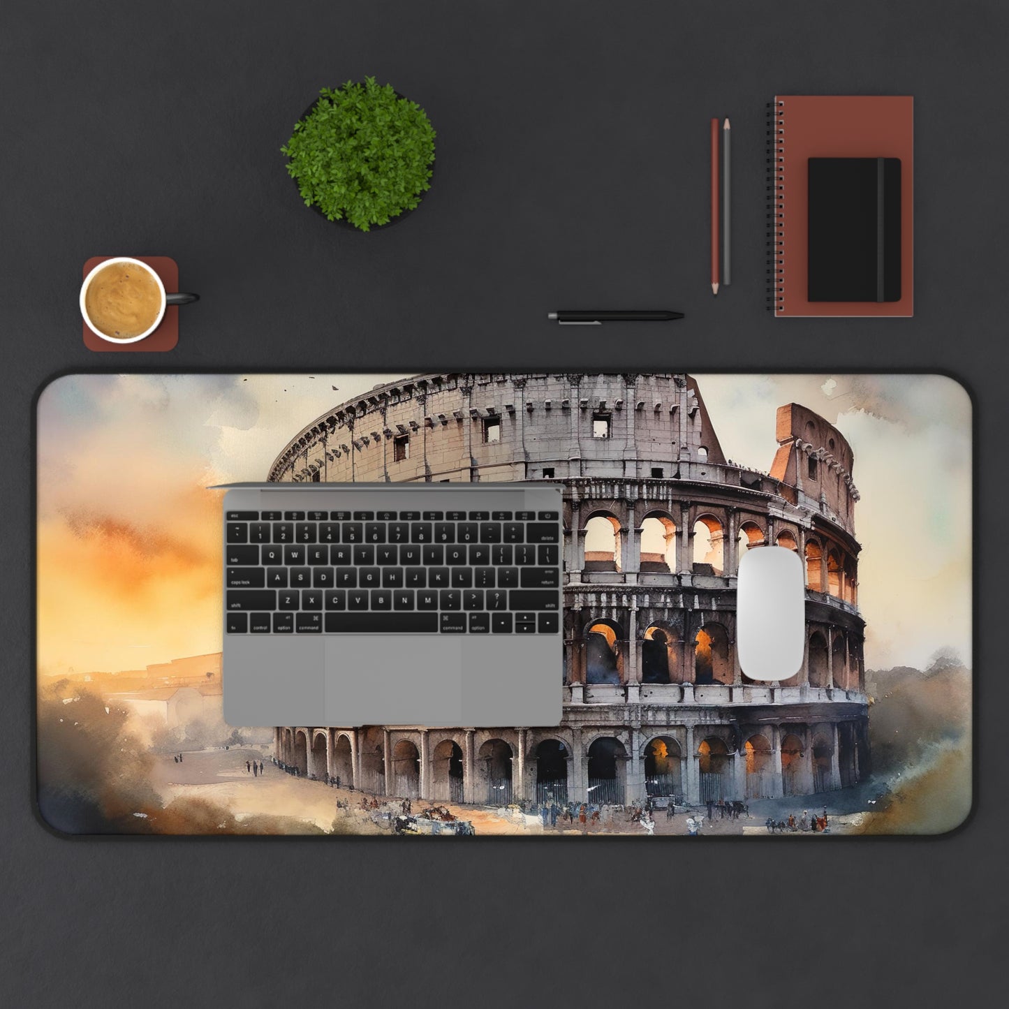 "Roman Colosseum desk mat - Transform your workspace with vibrant ancient history image"