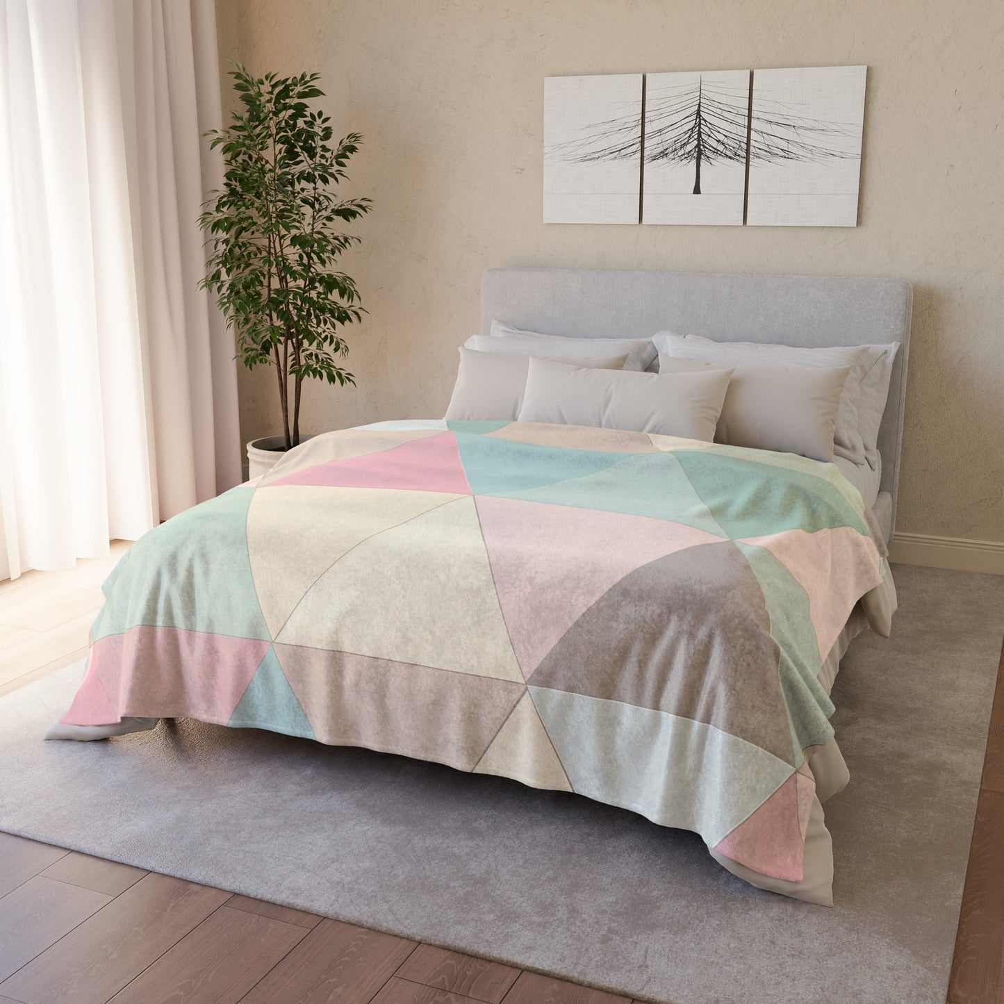 featuring a seamless geometric pattern that adds a touch of modern style to any room. This soft and comfortable material is perfect for all seasons and makes a great gift. 

Pastel Geometrics Cozy Blanket