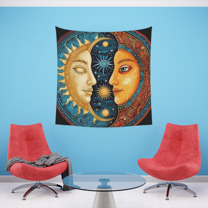 Celestial Mandala: A Tapestry of Sun and Moon | Wall Tapestry | All Over Print, AOP, Decor, Halloween, Home & Living, Home Decor, Indoor, Spring Essentials, Sublimation, Tapestry | Prints with Passion