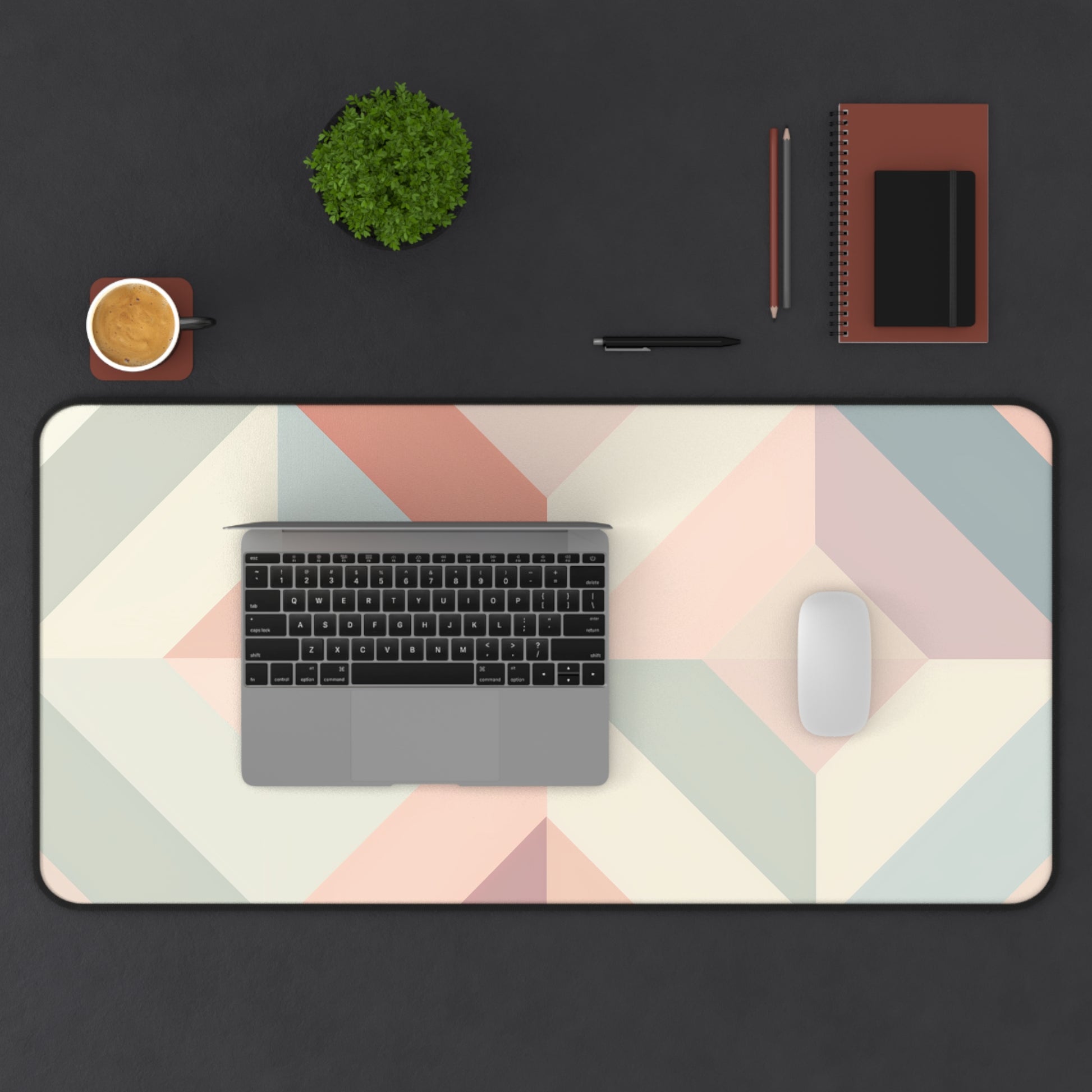 "Pastel Geometrics Desk Mat - Enhance your workspace with geometric pattern in soft colors for creativity and productivity"