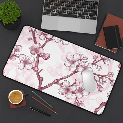 "Cherry Blossom Desk Mat - Pink and white floral pattern for elegant office decor"