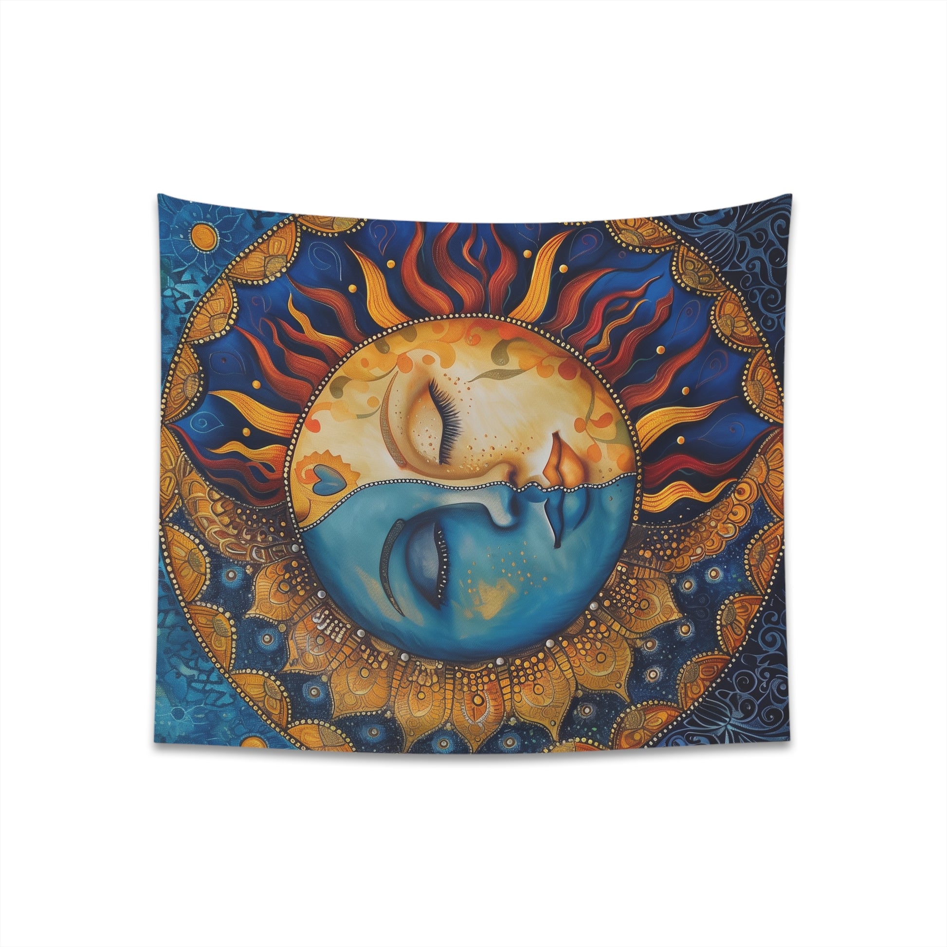 "Sun & Moon Mandala Celestial Tapestry: Intricate design representing harmony, perfect for all seasons. Available in 34" x 40" and 57" x 57". Makes a great gift. Shop now! - BenCPrints"