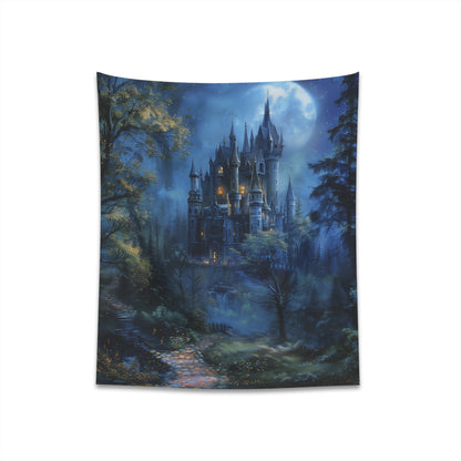 "Enchanted Realm: Moonlit Castle Tapestry | Majestic castle in moonlight surrounded by mystical forest | High-quality material, perfect for all seasons | Ideal fantasy gift | Available in 34" x 40" and 57" x 57""