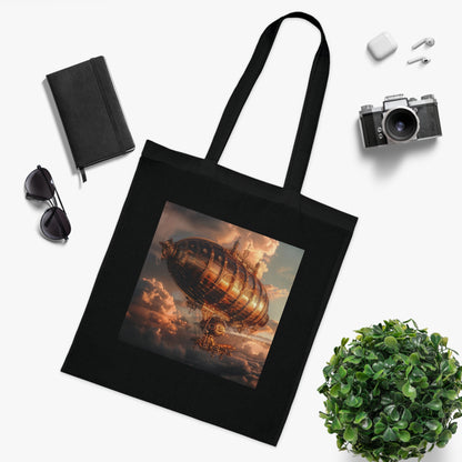 Alt text: "Airship Adventures Tote Bag featuring a steampunk airship design, perfect for carrying essentials with a touch of Victorian-inspired adventure. High-quality material, comfortable and stylish, perfect for all seasons, makes a great gift."