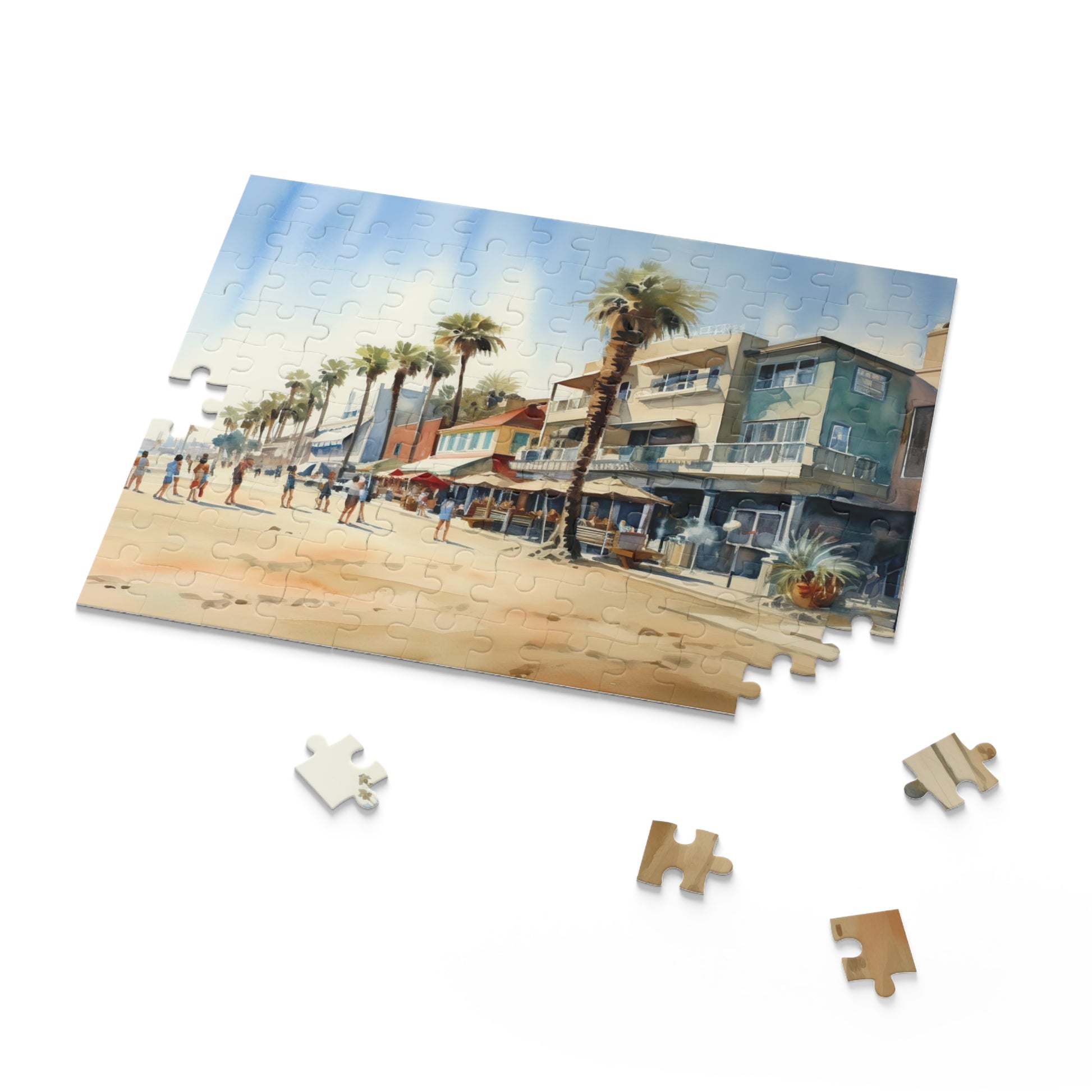 "Venice Beach jigsaw puzzle featuring boardwalk and palm trees, perfect for a relaxing day indoors"