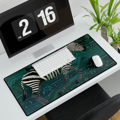 Techno Zebra Running Through Circuits — XL & XXL Desk Mat — 3mm Non-Slip Natural Rubber Base Detail