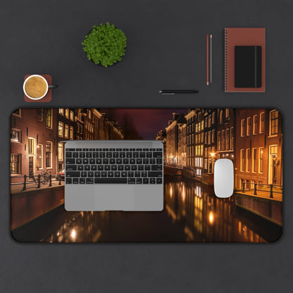 "Amsterdam Canals Night Desk Mat - Enhance creativity with stunning image of iconic canals at night, work in style"