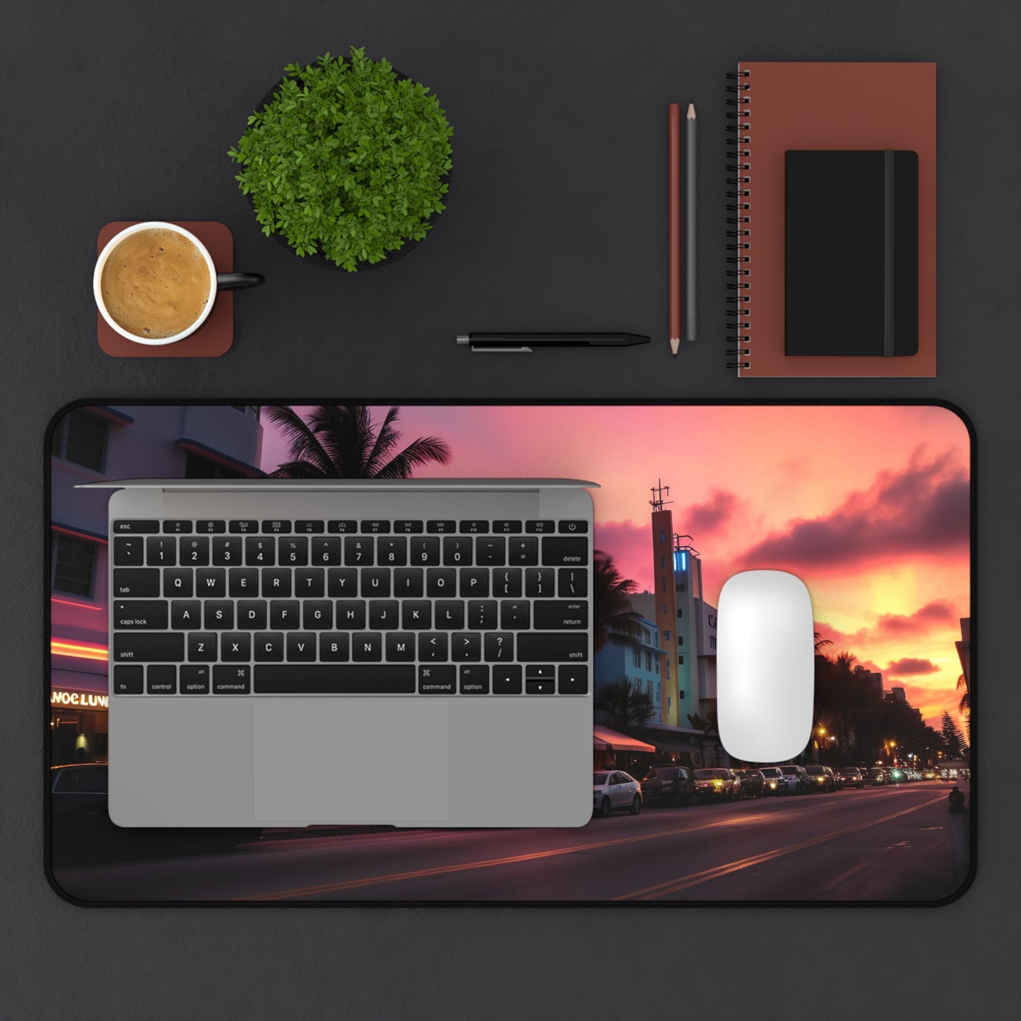 "Vibrant Miami sunset desk mat for inspiring creativity in office setting"