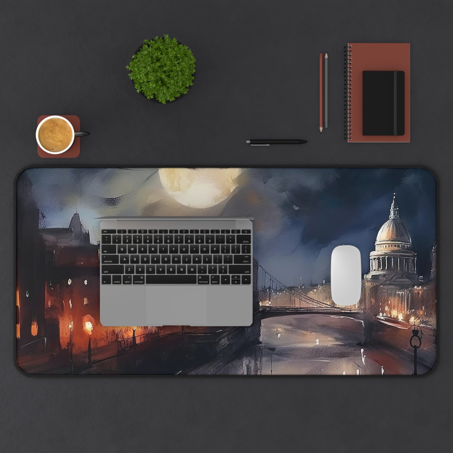 "London Night Sky Desk Mat: Enhance your workspace with this beautiful image of London at night, inspiring creativity and elegance."