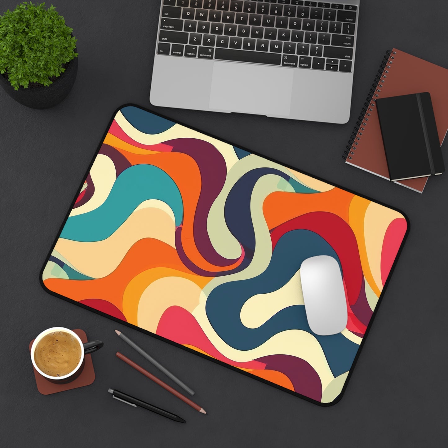 "Vibrant Retro Waves Desk Mat for Stylish Workspace Protection"