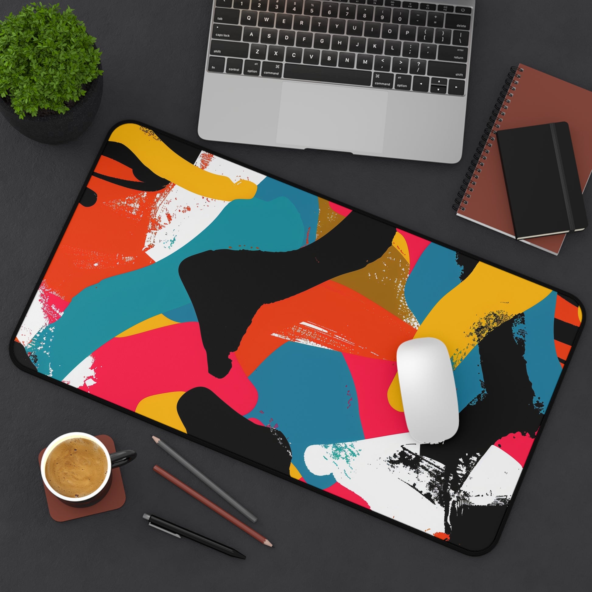 "Vibrant abstract desk mat with bold seamless pattern, modern protection for workspace"