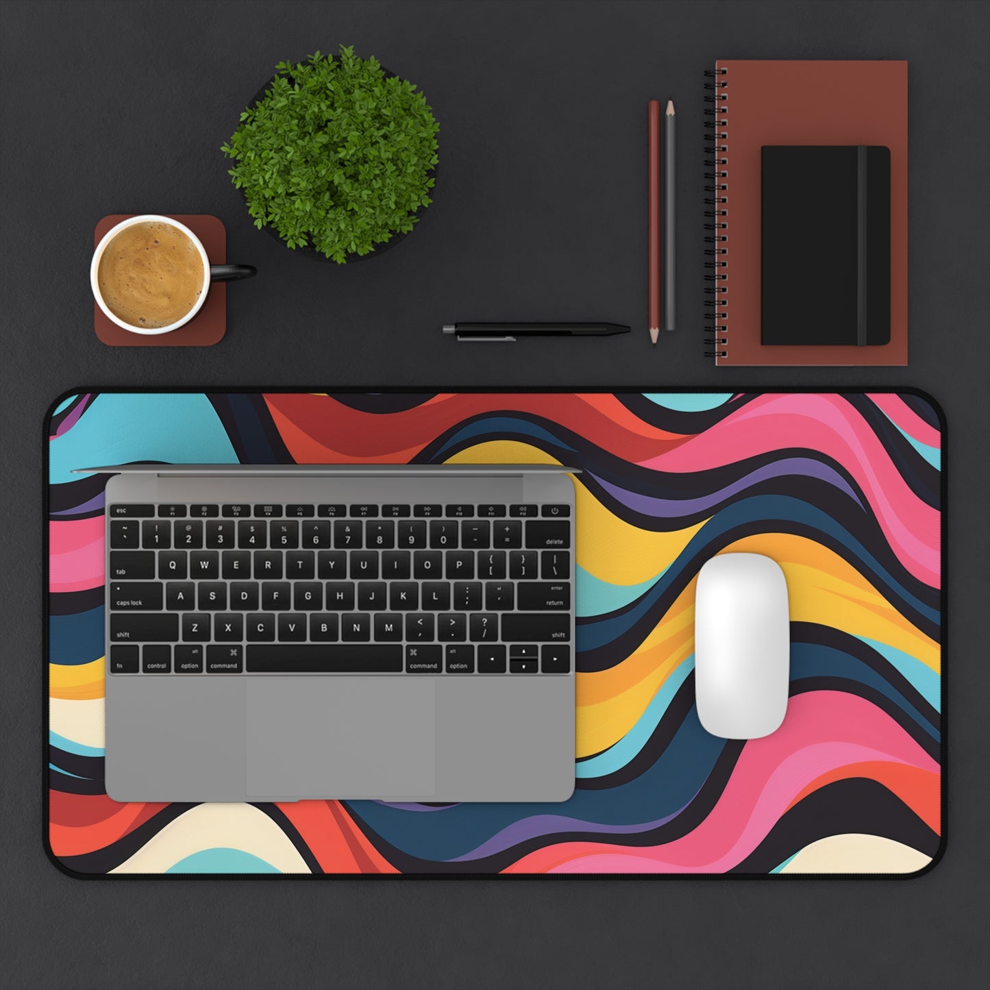 "Colorful Retro Waves Desk Mat for Workspace Protection and Style"