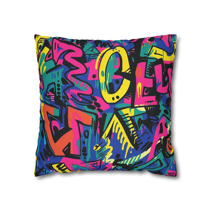 Bright neon Urban Graffiti pillowcase adds pop of color and street art vibes to bedroom deco.