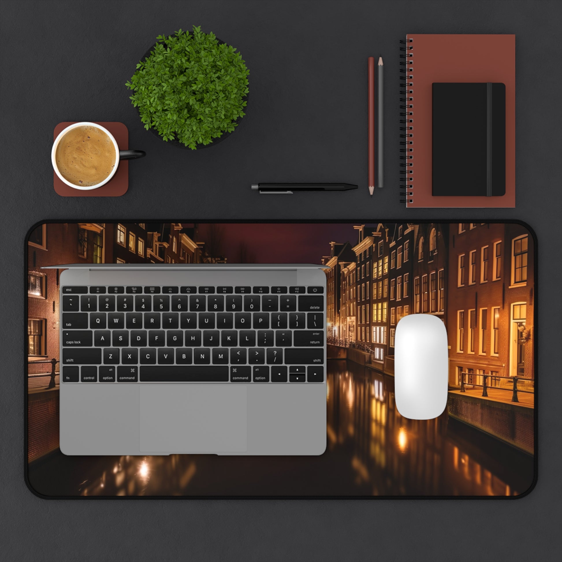 "Amsterdam Canals Night Desk Mat - Elevate your workspace with a stunning image of iconic canals, boost creativity and work in style"