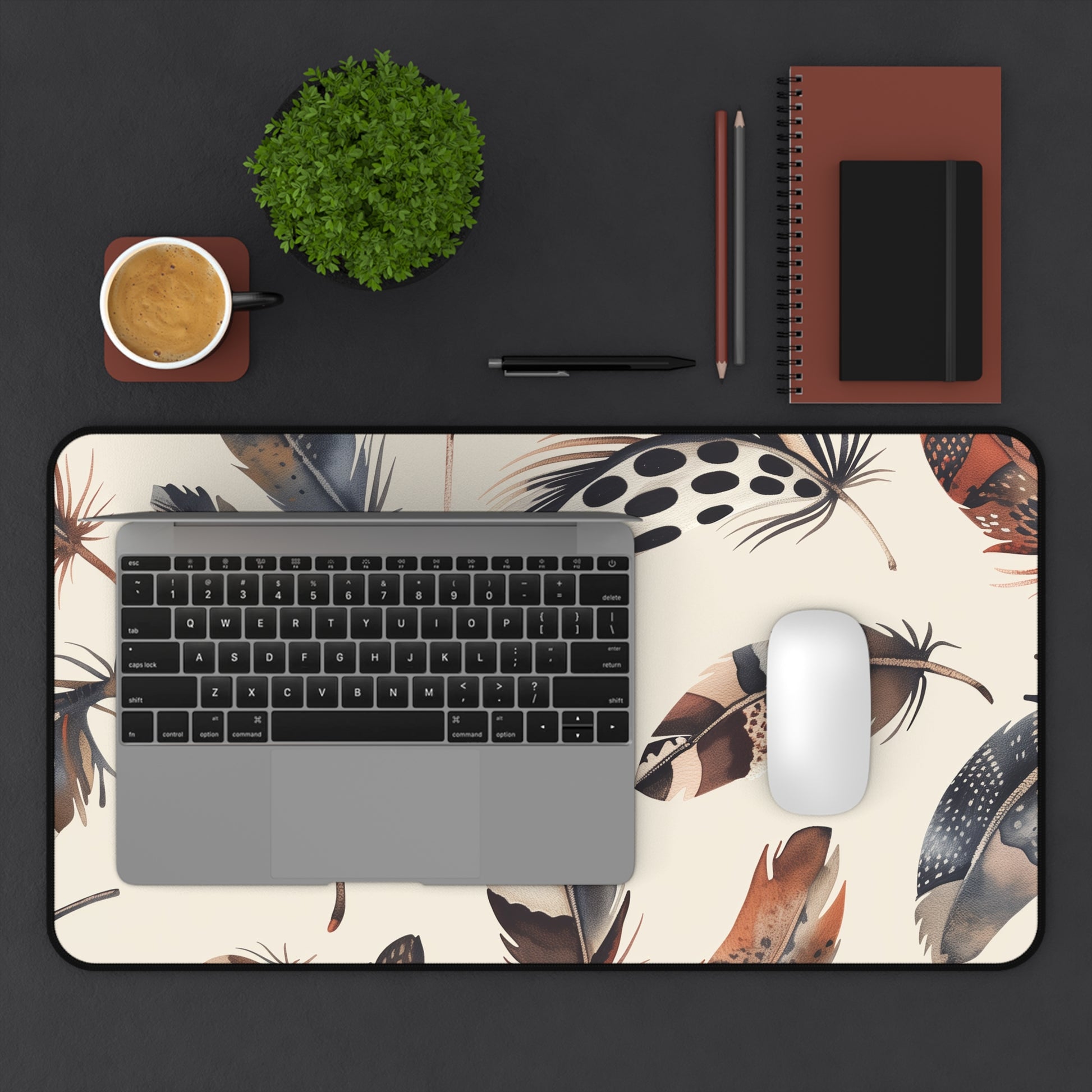 "Boho feathers desk mat with whimsical pattern for workspace transformation"