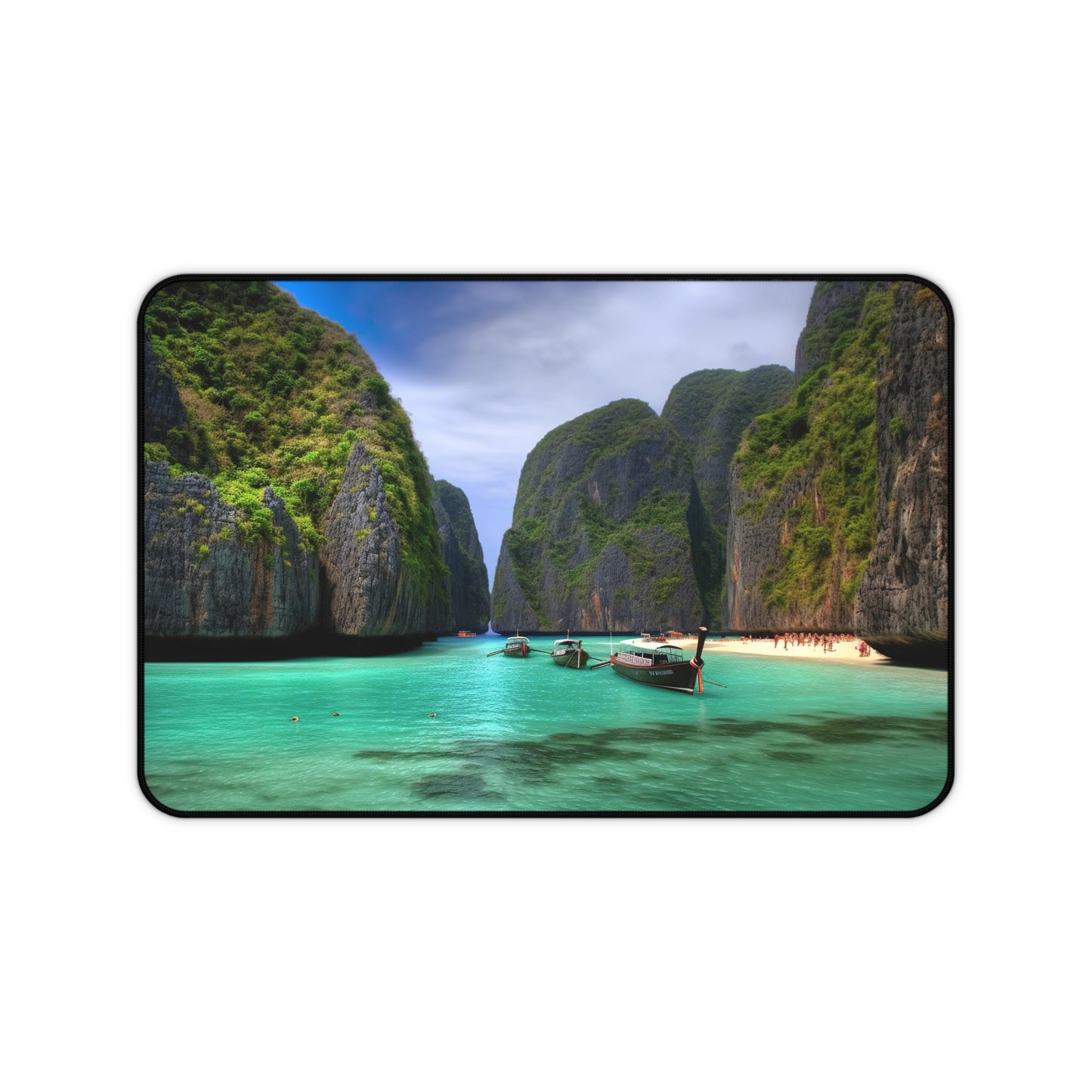 "Koh Phi Phi Lagoon Desk Mat brings tropical paradise to your workspace with crystal clear waters and lush cliffs under a serene sky"