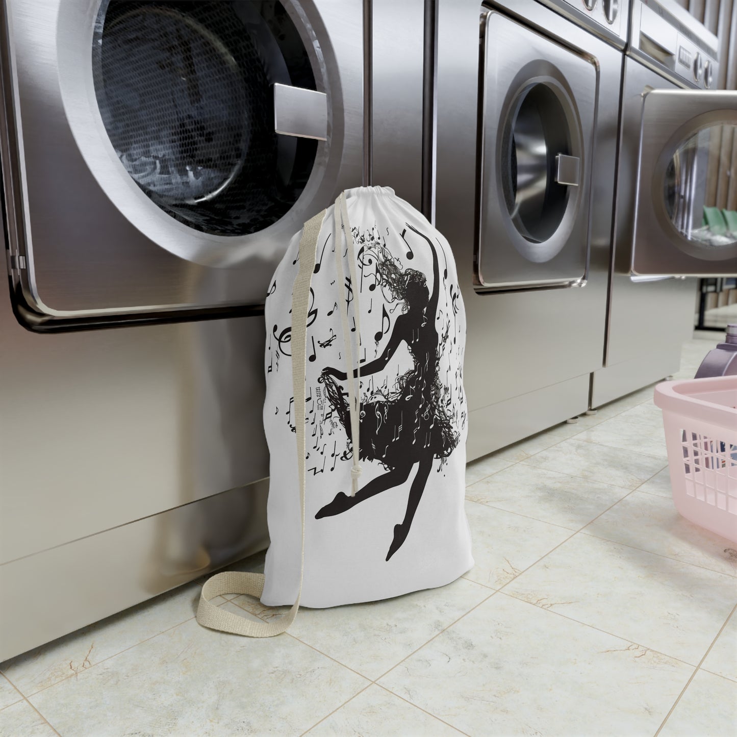 "Artistically designed dancer silhouette laundry bag with musical notes, elevating your laundry routine"