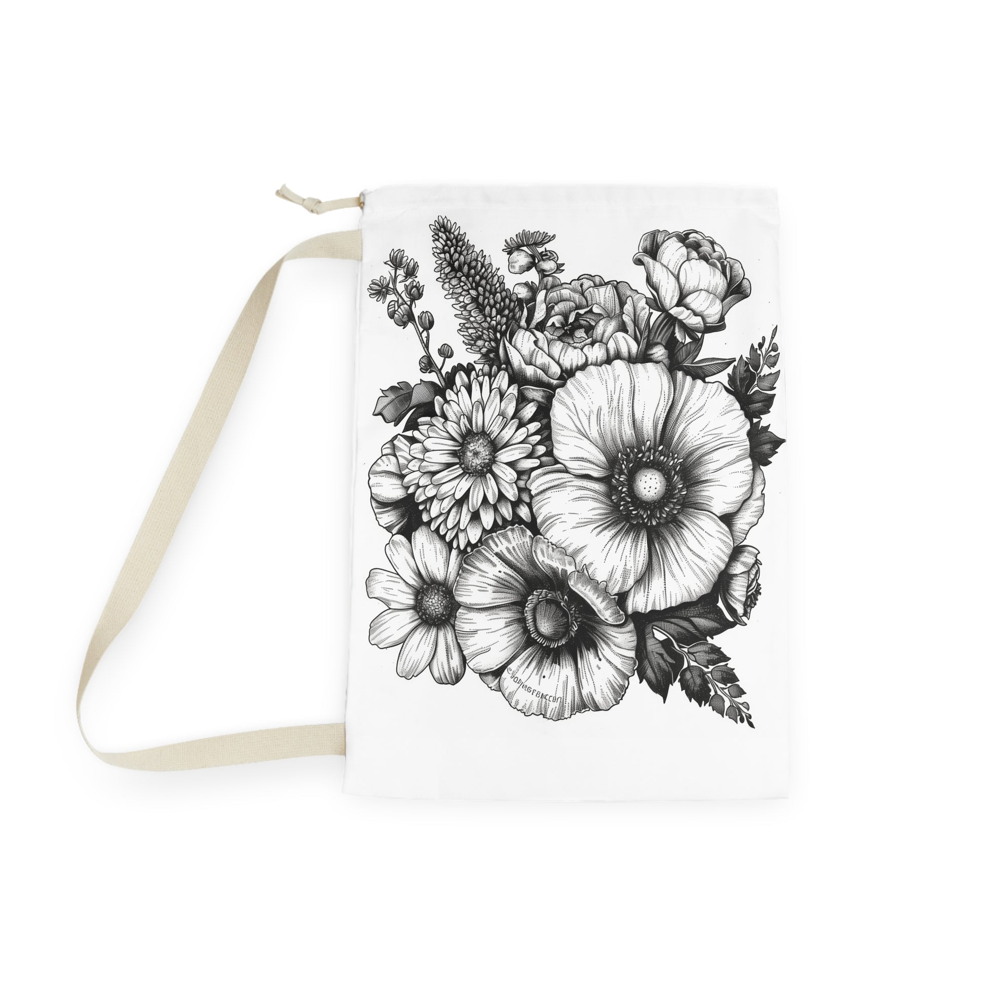 "Floral Hand-Drawn Laundry Bag: Keep dirty clothes organized in style with our delightful flower-printed bag"