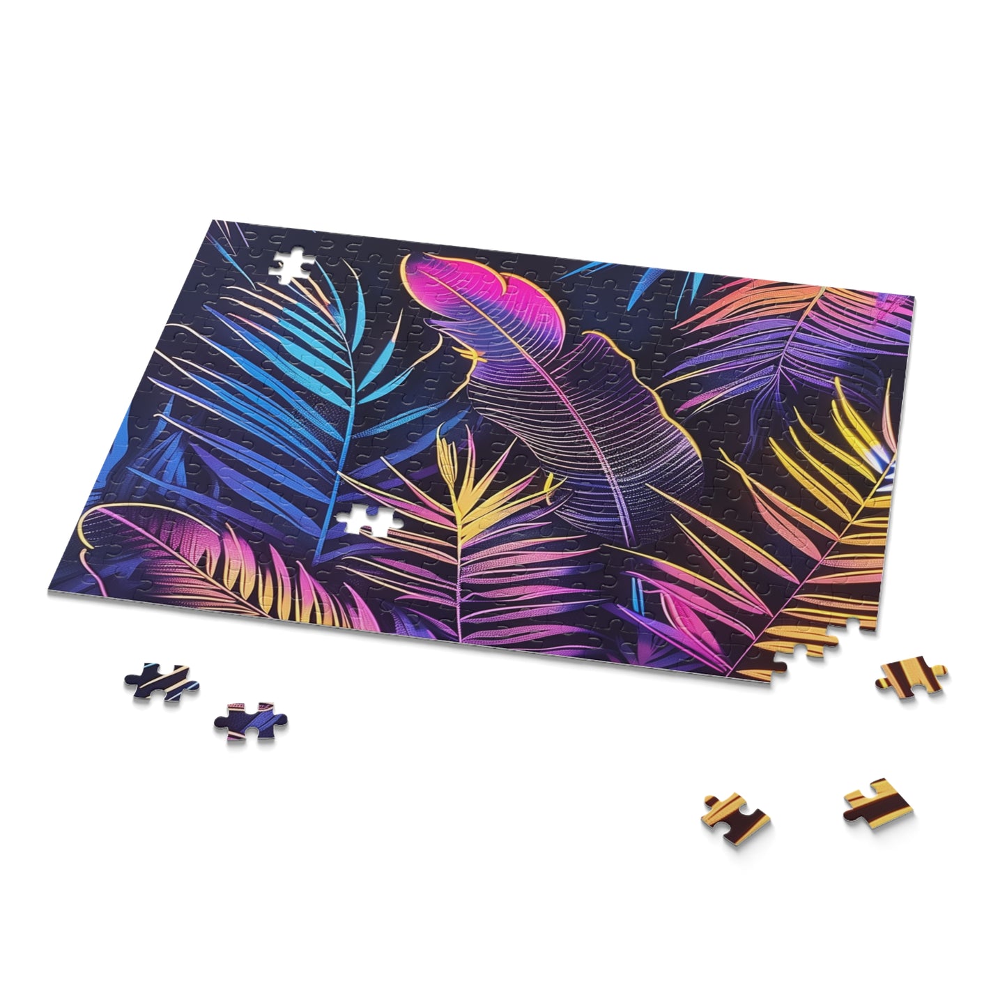 Neon Tropical Paradise Jigsaw Puzzle - Vibrant jungle oasis with neon tropical leaves and palm trees - Relaxing and colorful escape