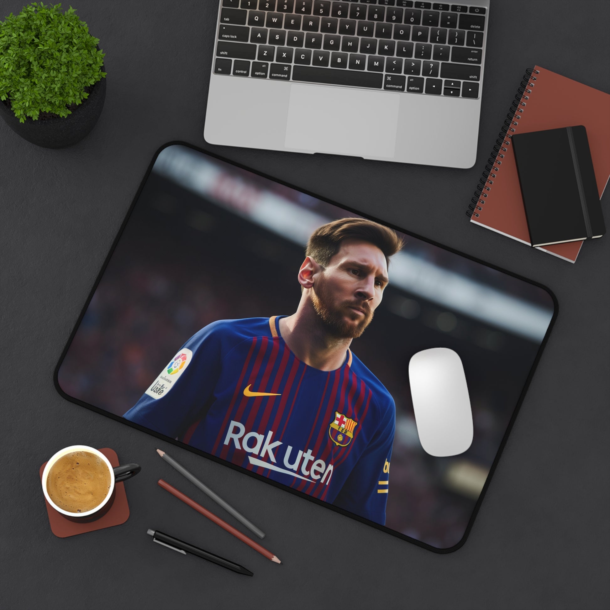 "Lionel Messi Desk Mat 2 - Elevate workspace with sleek and stylish design inspired by legendary footballer. Practical and chic addition to desk setup."