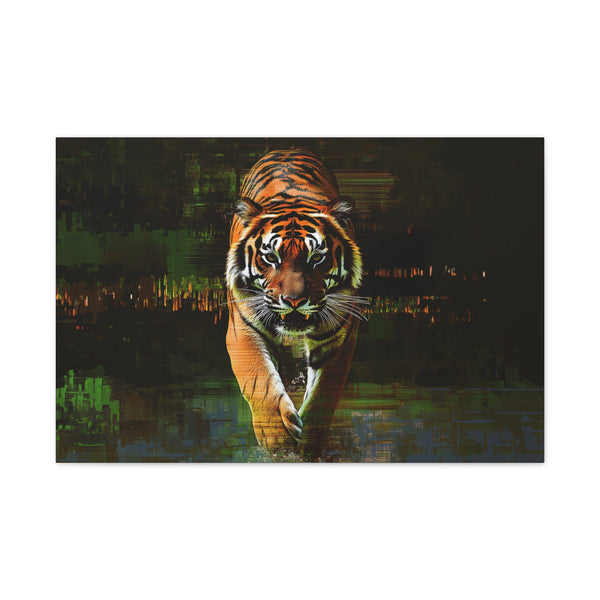 Tiger Emerging from Digital Glitch — Canvas Wall Art — Living Room Wall Lifestyle View