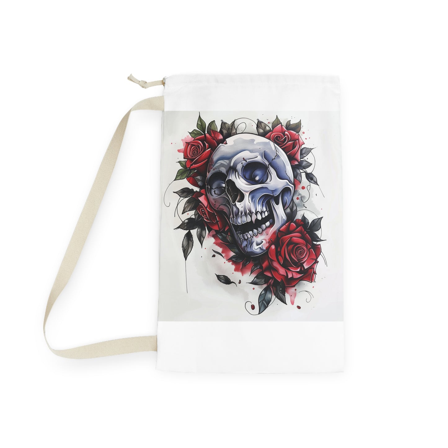 Gothic skull and rose laundry bag, edgy and practical addition to dark and stylish home.