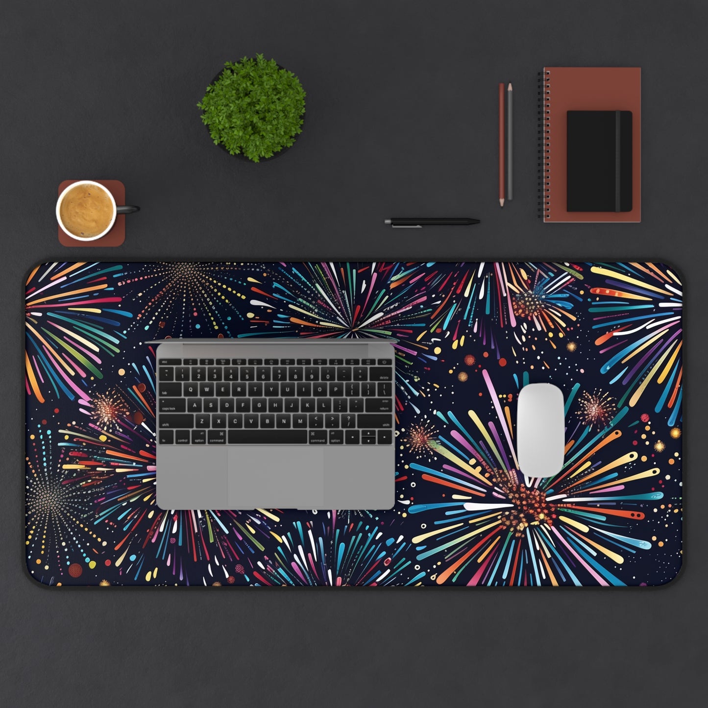 "Vibrant Fireworks Festive Desk Mat - Add energy to your workspace with this colorful seamless design"