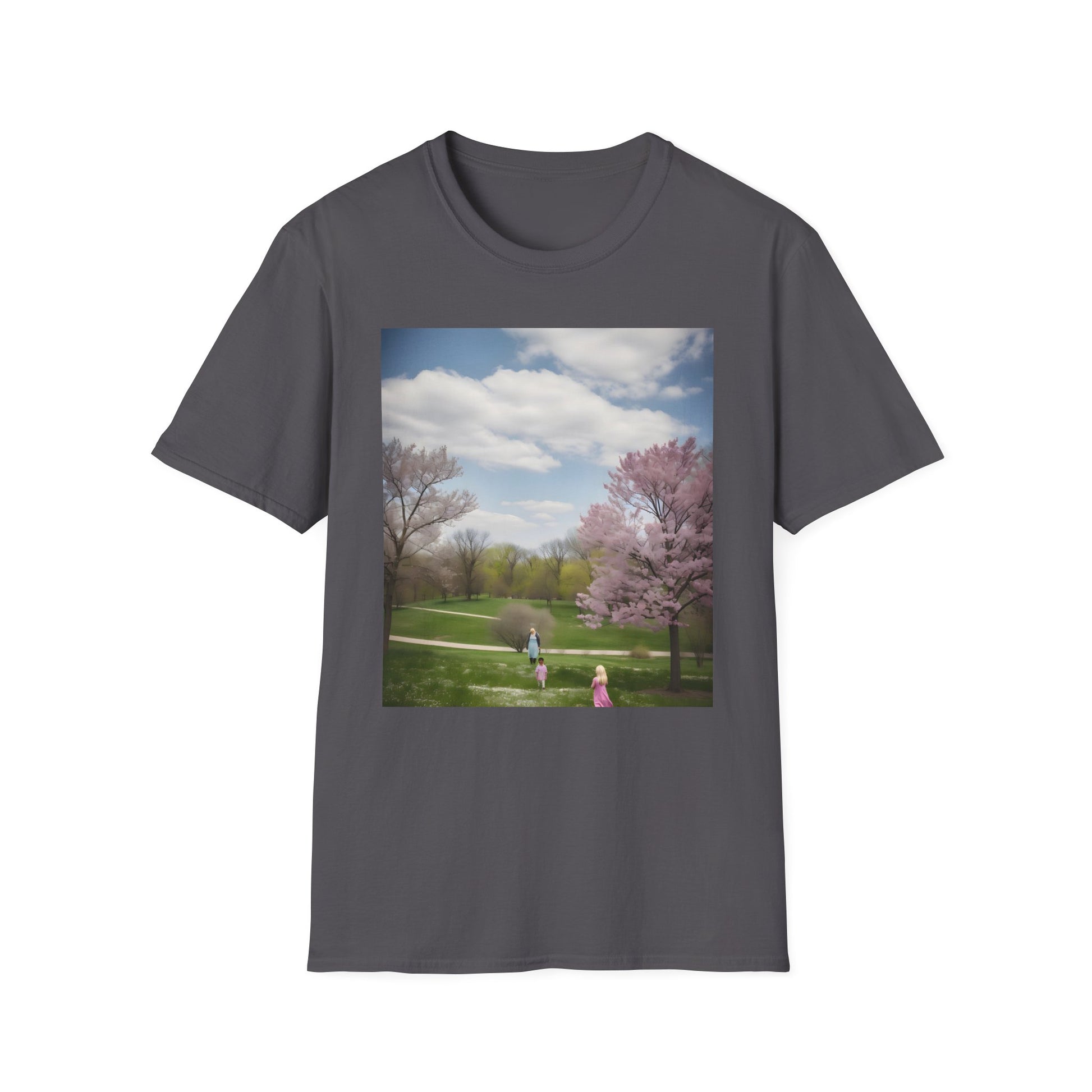 "Cheerful T-shirt featuring 'A Canvas of Joy in Nature's Embrace' design, capturing the essence of a vibrant suburban park with spring blooms. Feel the warmth of the sun and the laughter of children with this heartwarming masterpiece."