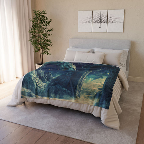 Cosmic Serpent Guarding Starlit Gate Plush Fleece Throw Blanket
