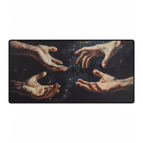 Surreal Hands Reaching Toward Light — XL & XXL Desk Mat — Full Top-Down Artwork View