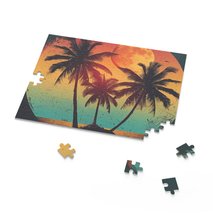 "Retro sunset jigsaw puzzle with palm trees, perfect for relaxation and nostalgia"