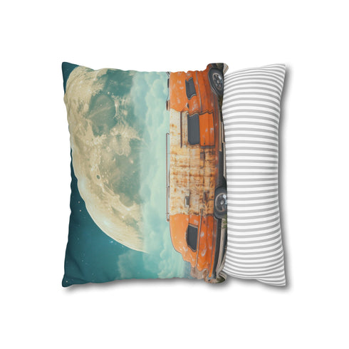 Desert Caravan under Giant Moons (Edition II) — 40×40 Cushion Cover — Soft Brushed Fabric Texture Close-Up
