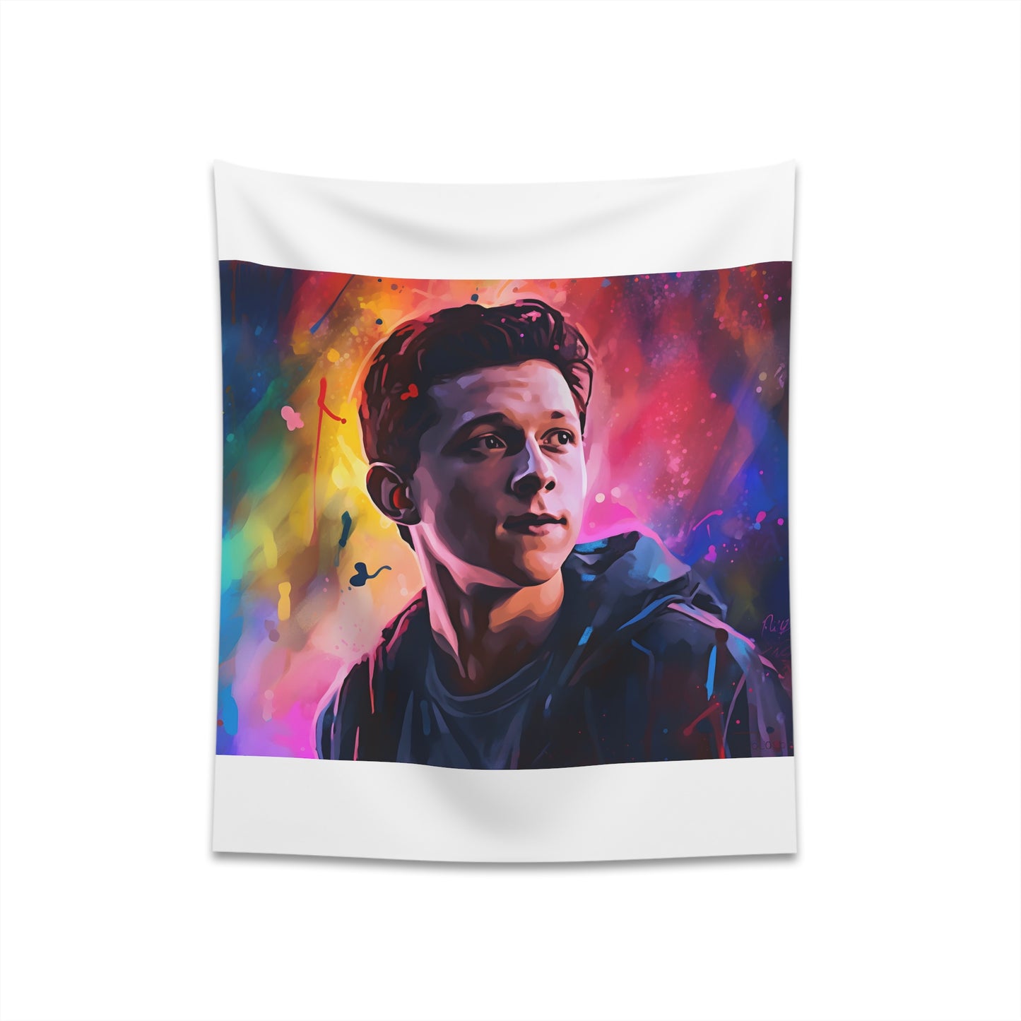 "Tom Holland Watercolor Tapestry: Vibrant Neon Star Portrait for Fans and Art Lovers - High-Quality Material, Stylish, All Seasons - Great Gift - Available in 34" x 40" and 57" x 57""