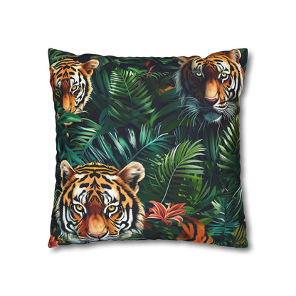 "Transform your bedroom into a wild oasis with Tiger Safari Pillow Case, featuring jungle pattern with majestic tigers, lush green foliage. Perfect for animal lovers!"