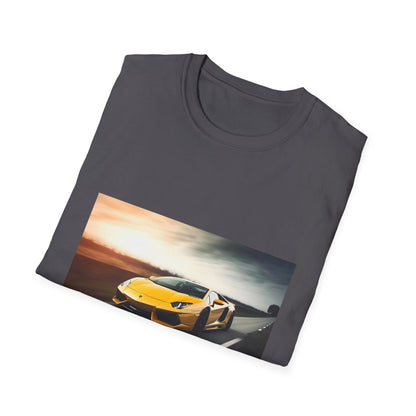 "Adrenaline Rush on Four Wheels T-shirt featuring a vibrant Lamborghini mid-race design, perfect for speed enthusiasts and thrill-seekers"