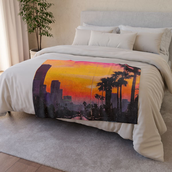 80s Lo-Fi Retro Vaporwave Sunset — Plush Fleece Throw Blanket — Draped Over Sofa & Bed Lifestyle View