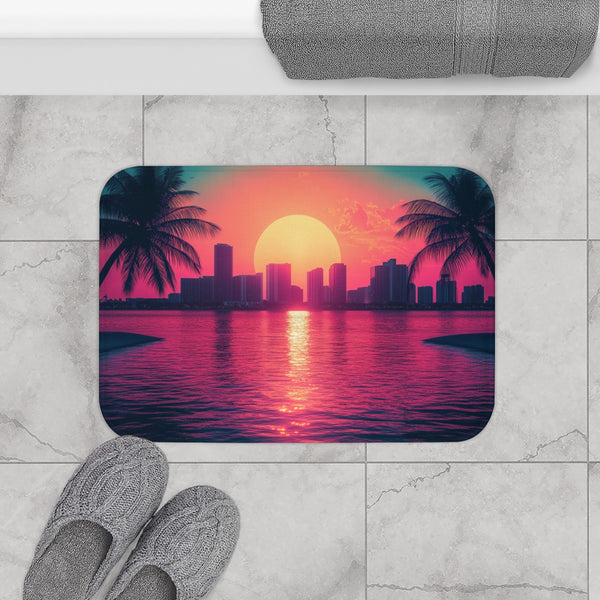 80s Retro Miami Neon Sunset (Edition II) — 61×43 Memory Foam Bath Mat — Modern Bathroom Floor Lifestyle View