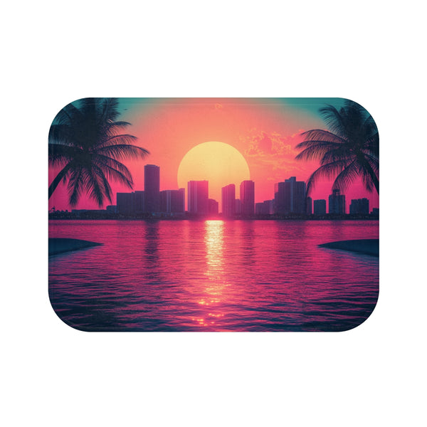 80s Retro Miami Neon Sunset (Edition II) — 61×43 Memory Foam Bath Mat — Top-Down Velvet Microfibre Artwork View