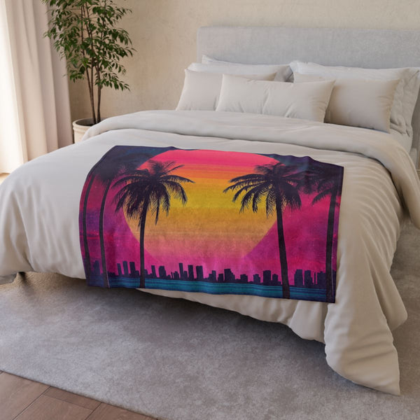 80s Retro Miami Neon Sunset (Edition II) — 50×60 Plush Throw Blanket — Draped Over Sofa & Bed Lifestyle View