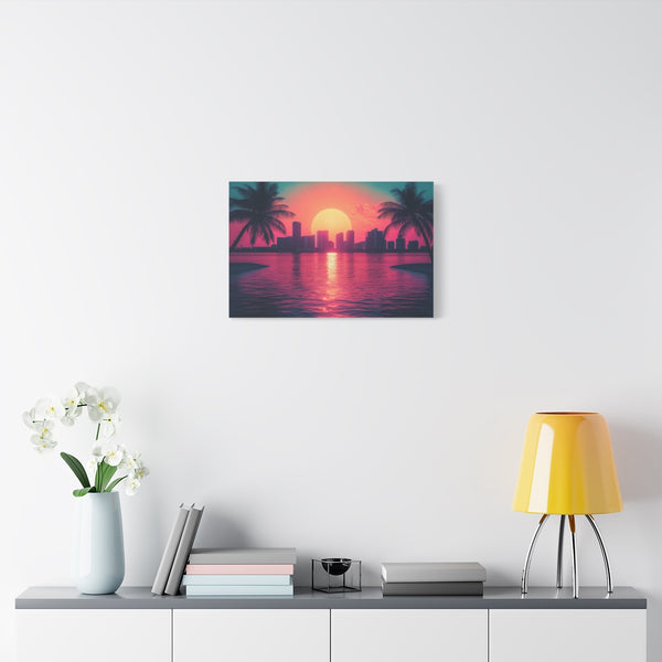 80s Retro Miami Neon Sunset (Edition II) — 24×16 Canvas Wall Art — Living Room Wall Lifestyle View