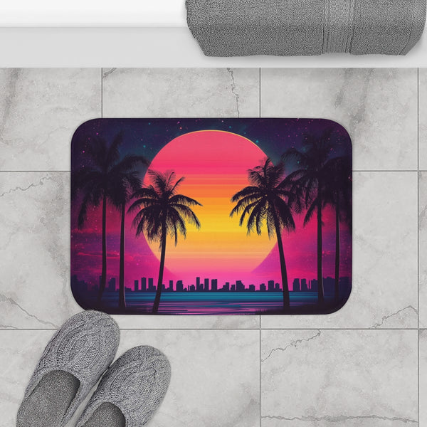 80s Style Miami Sunset Poster (Edition III) — Memory Foam Bath Mat — Modern Bathroom Floor Lifestyle View