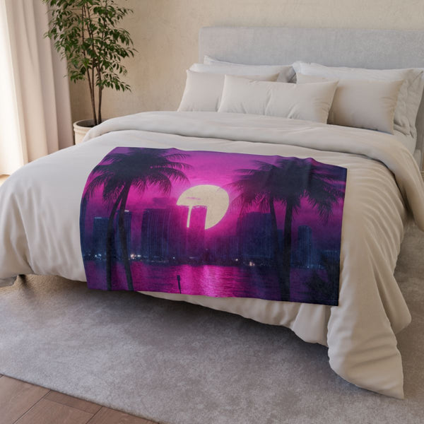 80s Retro Miami Neon Sunset (Edition III) — 50×60 Plush Throw Blanket — Draped Over Sofa & Bed Lifestyle View